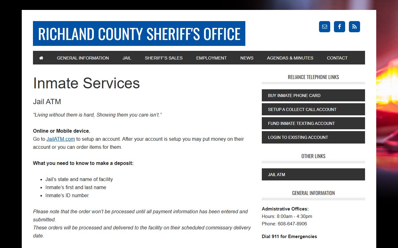 Richland County Jail inmate services page showing JailATM account requirements