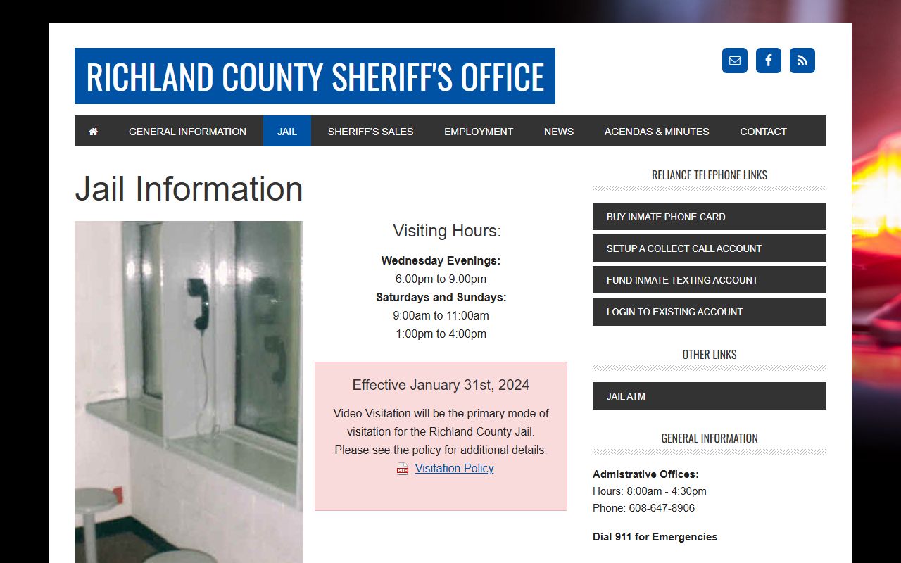 Richland County Jail information page showing visiting hours and jail service links