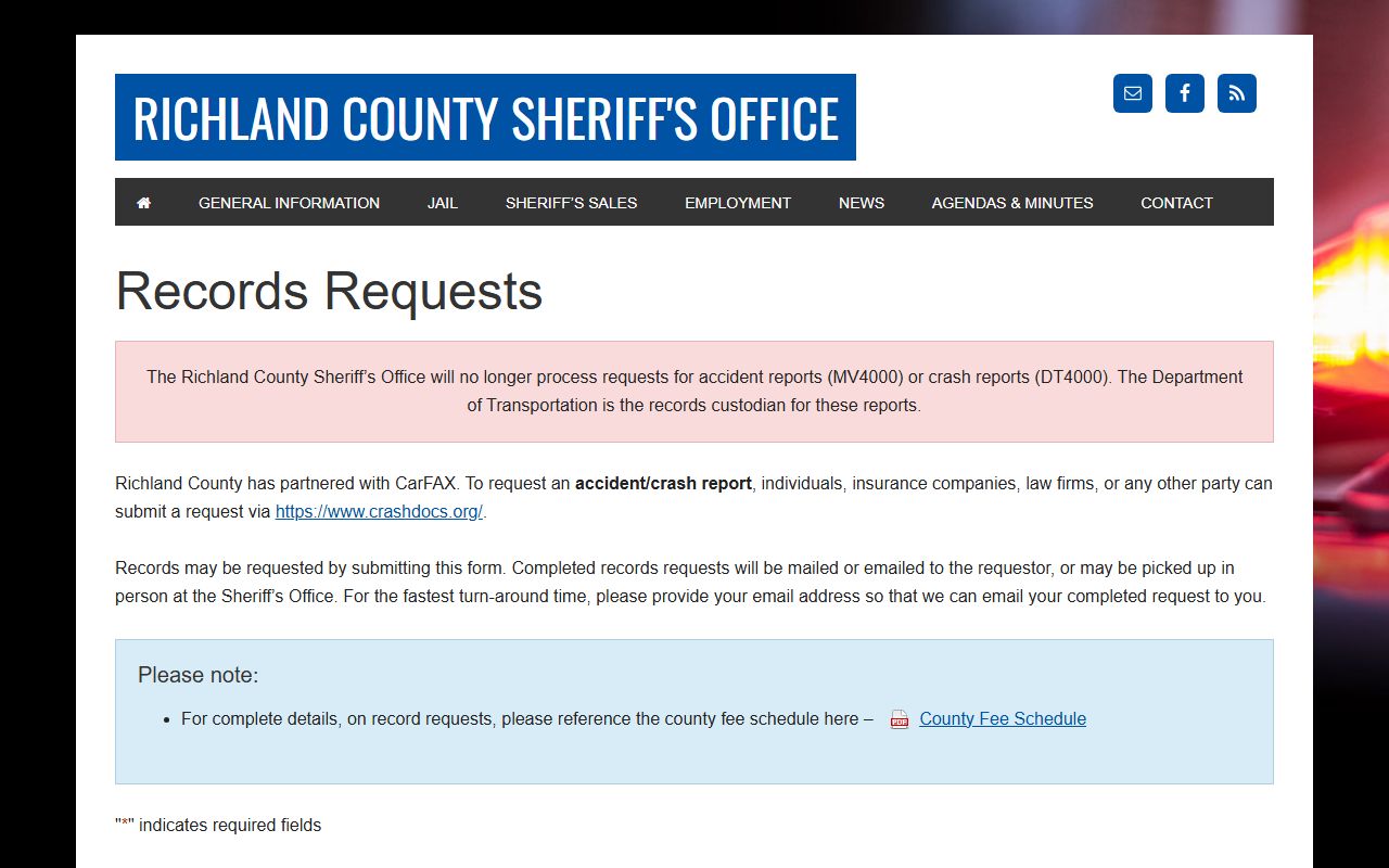 Richland County inmate records request form with mug shots and resident record options