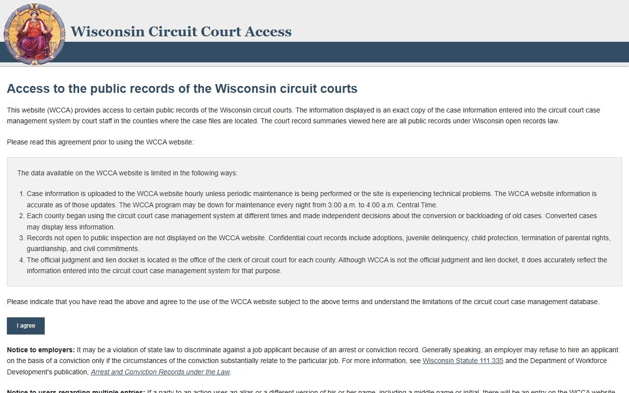 Richland County court records after arrest WCCA case search screen