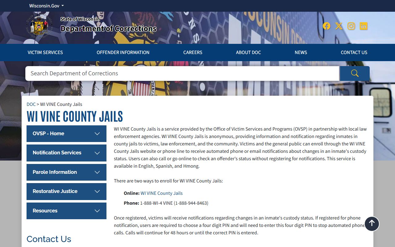 Wisconsin VINE county jail notification page for Richland County custody status
